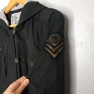 Volcom Juniors Large Black Zip Button Down Utility Jacket VTG Military Hoodie